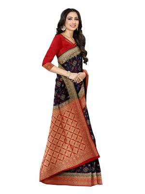 Mimosa Ikat Style Art Silk Saree Color :  Navy Blue 2