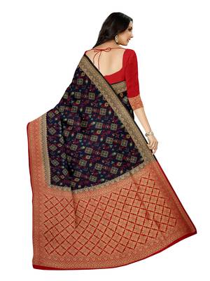 Mimosa Ikat Style Art Silk Saree Color :  Navy Blue 3
