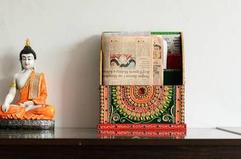 Papier-Mache Embossed 3 Racks Floor Standing Magzine Holder 1