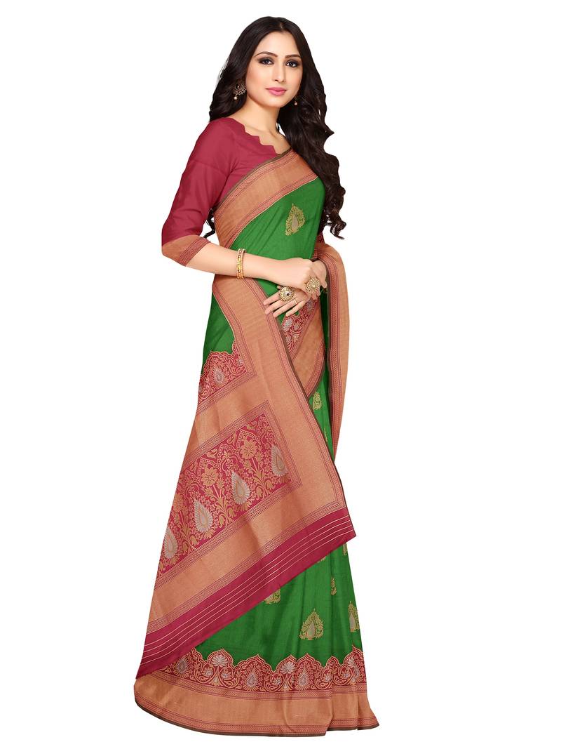 Mimosa Faux Kanjivaram Style Art Silk Saree Color :  Green