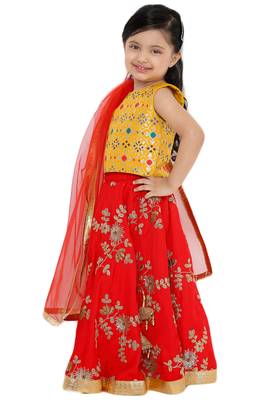 Red embroidered art silk stitched lehenga 3