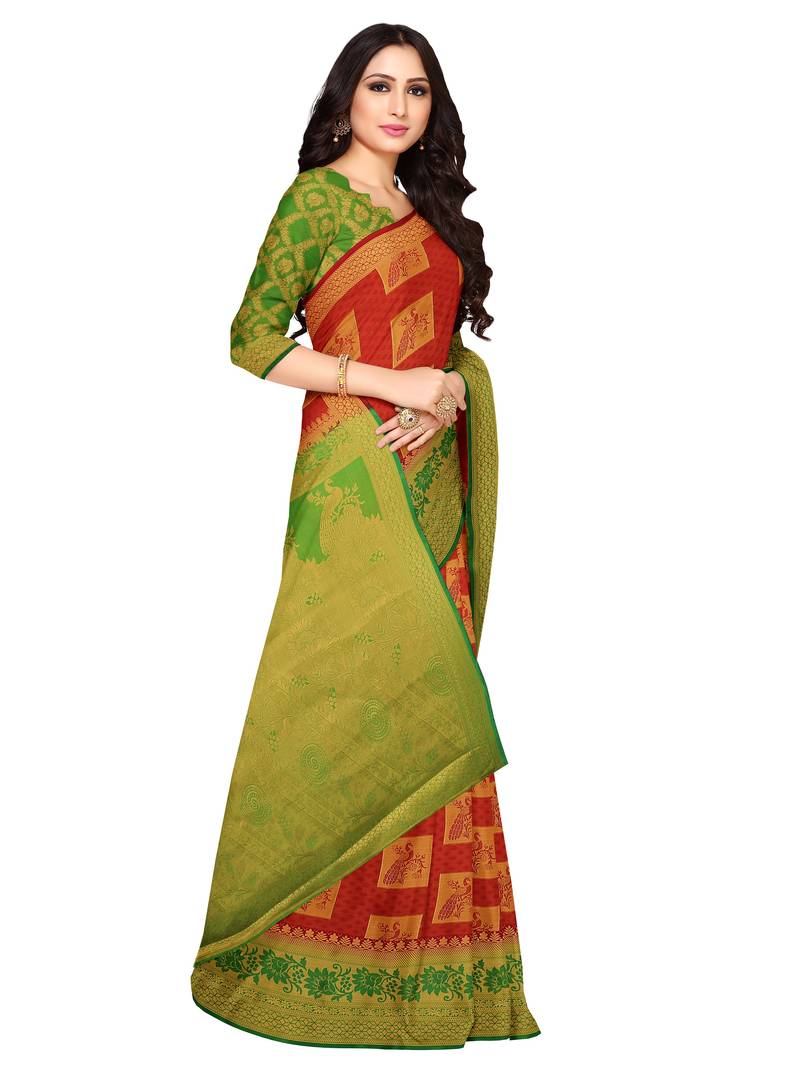 Mimosa Faux Kanjivaram Style Art Silk Saree Color :  Red