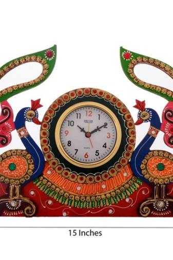 Peocock Design Decorative Papier-Mache Wooden Wall Clock