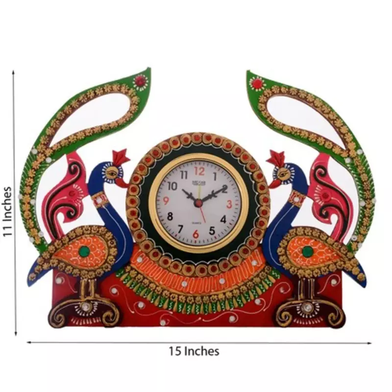 Peocock Design Decorative Papier-Mache Wooden Wall Clock