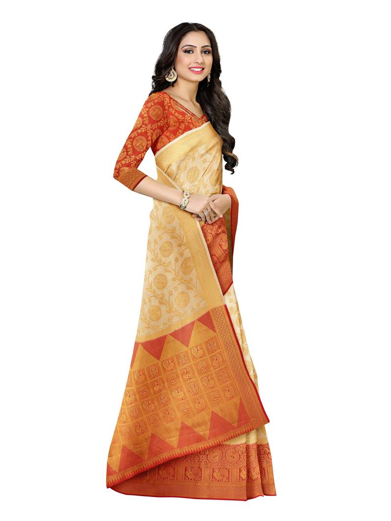 Mimosa Faux Kanjivaram Style Art Silk Saree Color :  Off-white