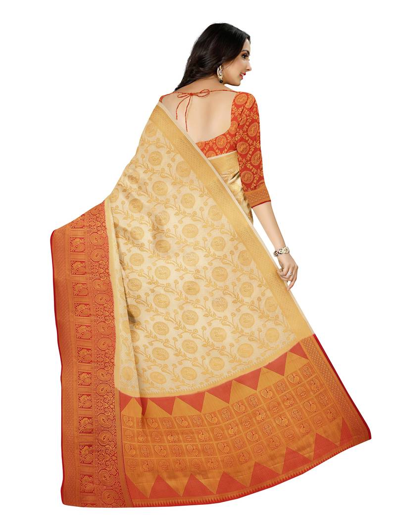 Mimosa Faux Kanjivaram Style Art Silk Saree Color :  Off-white