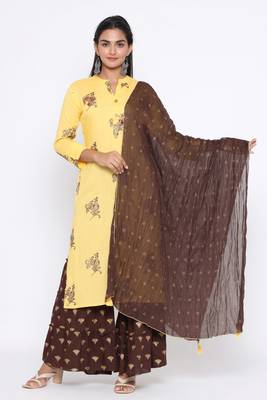 Ardozaa Women's Rayon Printed Straight Kurta Sharara Dupatta Set (Yellow) 1