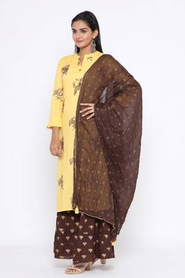 Ardozaa Women's Rayon Printed Straight Kurta Sharara Dupatta Set (Yellow) 2