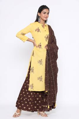Ardozaa Women's Rayon Printed Straight Kurta Sharara Dupatta Set (Yellow) 3