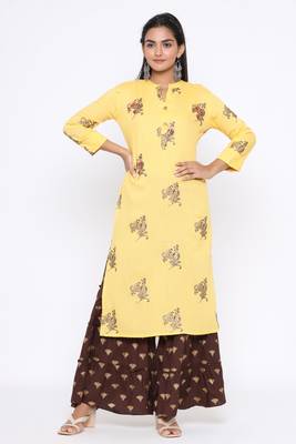 Ardozaa Women's Rayon Printed Straight Kurta Sharara Dupatta Set (Yellow) 5