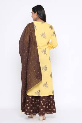 Ardozaa Women's Rayon Printed Straight Kurta Sharara Dupatta Set (Yellow) 6
