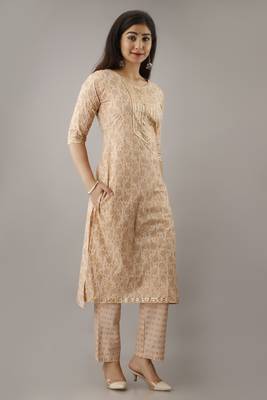 Ardozaa Women's Cotton Printed Straight Kurta Pant Set (Cream) 2