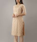 Ardozaa Women's Cotton Printed Straight Kurta Pant Set (Cream)