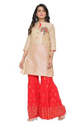 Ardozaa Women's Chanderi Silk Solid Straight Kurta Palazzo Set (Cream) 2
