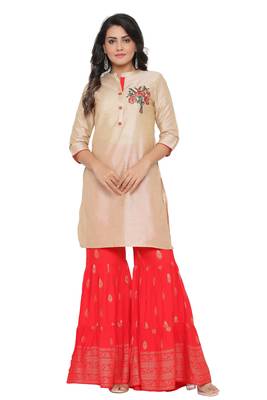 Ardozaa Women's Chanderi Silk Solid Straight Kurta Palazzo Set (Cream) 1