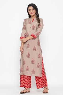 Ardozaa Women's Muslin Printed Straight Kurta Pant Set (Beige) 1
