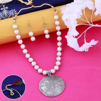 Elegant Oxidised Pendant White Pearl Necklace Set  Jewellery set for Women 1