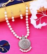 Party Wear Elegant Oxidised Pendant White Pearl Jewellery set for Women