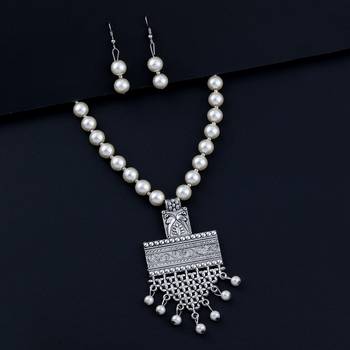 Exclusive Oxidised Classic Look Pendant White Pearl Jewellery set for Women 2