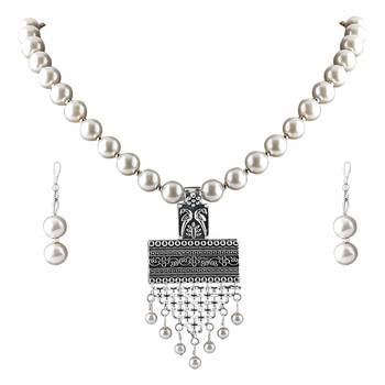 Exclusive Oxidised Classic Look Pendant White Pearl Jewellery set for Women 3