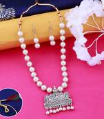 Amazing Classic Look  Oxidised Pendant White Pearl Jewellery set for Women