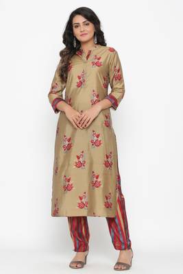 Ardozaa Women's Muslin Gold Print Straight Kurta Pant Set (Beige) 1