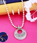 Silver plated Round pendant Designer Traditional Long Pearl Necklace set for women Jewellery set