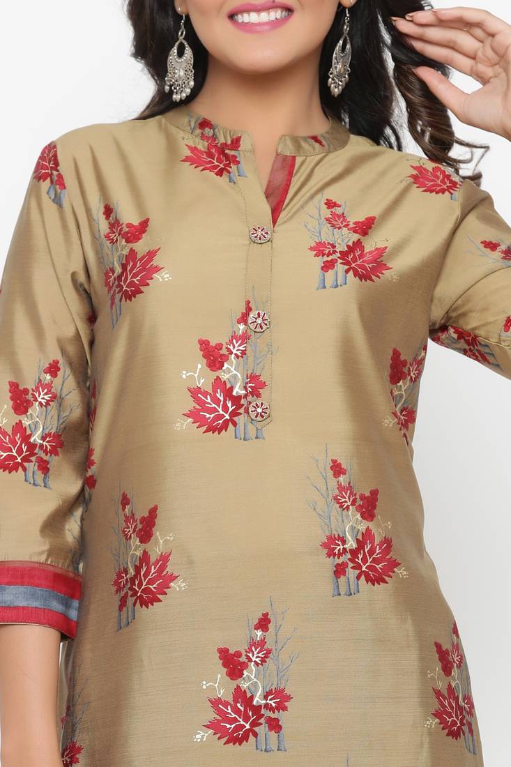 Ardozaa Women's Muslin Gold Print Straight Kurta Pant Set (Beige)