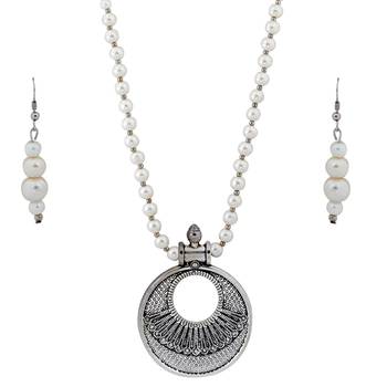 Silver plated Round pendant Designer Traditional Long Pearl Necklace set for women Jewellery set 3
