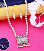 Silver plated Designer traditional Long Pearl Drop pendant Necklace set for women Jewellery set