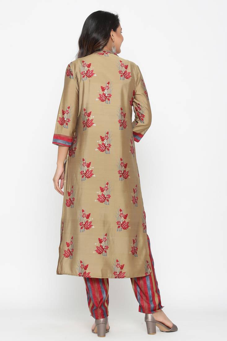 Ardozaa Women's Muslin Gold Print Straight Kurta Pant Set (Beige)