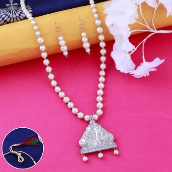 Silver plated Designer Traditional Long Pearl Drop Unique Shape pendant Necklace set for women Jewellery set 1
