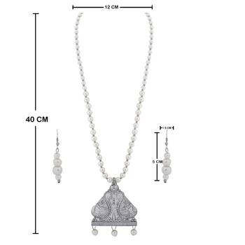 Silver plated Designer Traditional Long Pearl Drop Unique Shape pendant Necklace set for women Jewellery set 4