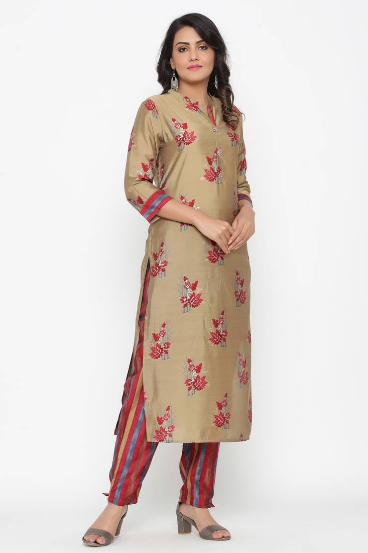 Ardozaa Women's Muslin Gold Print Straight Kurta Pant Set (Beige)