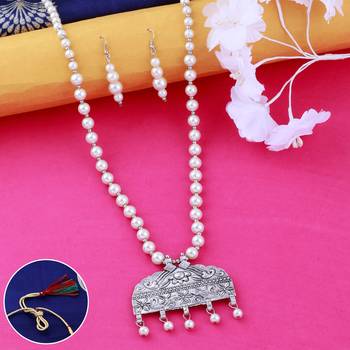 Silver plated Elegant Designer Traditional Long Pearl Drop pendant Necklace set for women Jewellery set 1