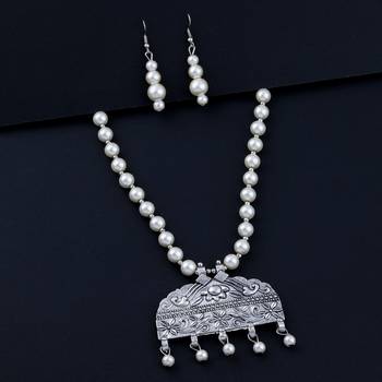 Silver plated Elegant Designer Traditional Long Pearl Drop pendant Necklace set for women Jewellery set 2