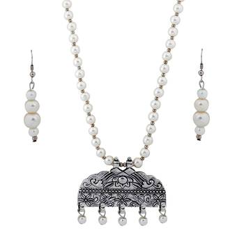 Silver plated Elegant Designer Traditional Long Pearl Drop pendant Necklace set for women Jewellery set 3