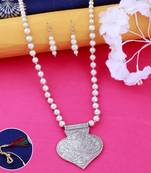 Silver plated Designer Traditional Spade Shape pendant Long Pearl Necklace set for women Jewellery set