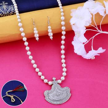Silver plated Designer Traditional Long Pearl Drop pendant Necklace set for women Jewellery set 1