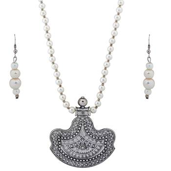 Silver plated Designer Traditional Long Pearl Drop pendant Necklace set for women Jewellery set 3