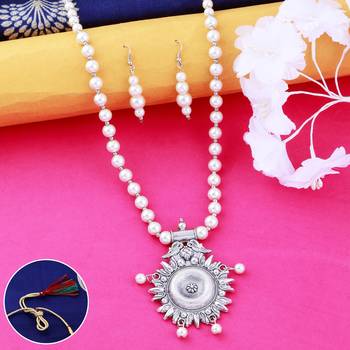 Silver plated Shining Designer Traditional Long Pearl Drop pendant Necklace set for women Jewellery set 1