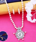 Silver plated Shining Designer Traditional Long Pearl Drop pendant Necklace set for women Jewellery set
