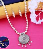 Silver plated Royal Designer Traditional Long Pearl Necklace set for women Jewellery set
