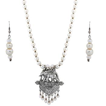 Silver plated Royal Designer Traditional Long Pearl Necklace set for women Jewellery set 3