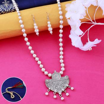Silver plated Designer Traditional Long Pearl Drop Round Shape pendant Necklace set for women Jewellery set 1