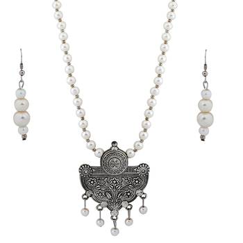 Silver plated Designer Traditional Long Pearl Drop Round Shape pendant Necklace set for women Jewellery set 3