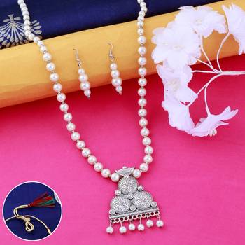 Silver plated Designer Traditional Long Pearl Drop Flower Design pendant Necklace set for women Jewellery set 1