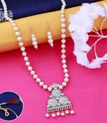 Silver plated Designer Traditional Long Pearl Drop Flower Design pendant Necklace set for women Jewellery set