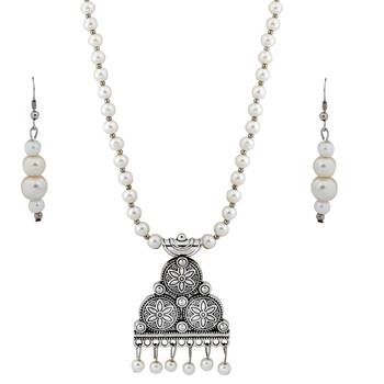 Silver plated Designer Traditional Long Pearl Drop Flower Design pendant Necklace set for women Jewellery set 3