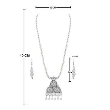 Silver plated Designer Traditional Long Pearl Drop Flower Design pendant Necklace set for women Jewellery set 4
